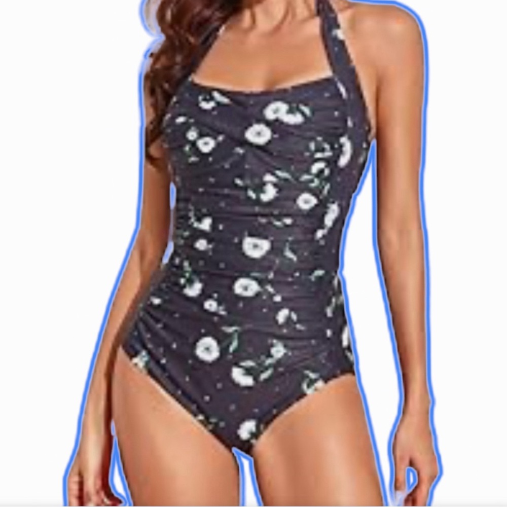 One price pin up 50’s style black floral rushed on each side Medium New